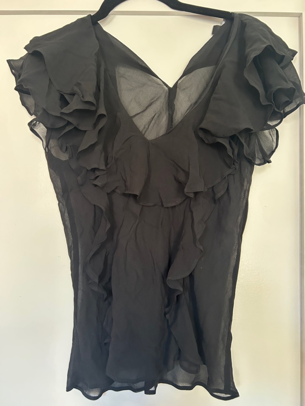 J. Crew Black Sheer Ruffle V-Neck Blouse